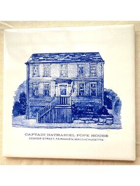 Vintage Blue Tile Trivet Fairhaven Massachusetts Capt Nathaniel Pope House